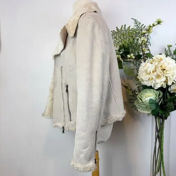 Express Faux Suede Moto Jacket Cream Shearling Collar Zip Front Large - Picture 6 of 13